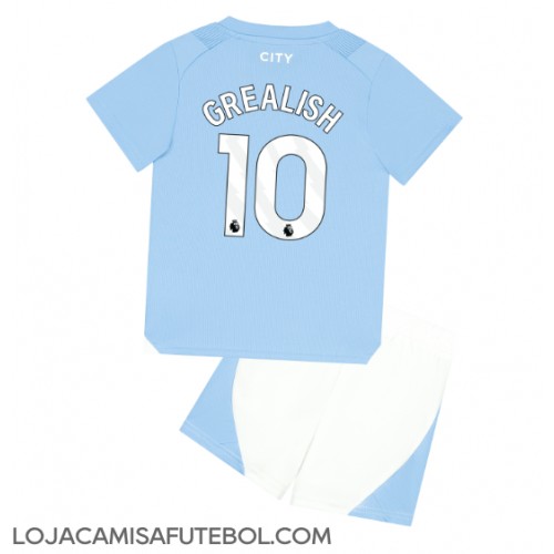 Camisa de Futebol Manchester City Jack Grealish #10 Equipamento Principal Infantil 2023-24 Manga Curta (+ Calças curtas)